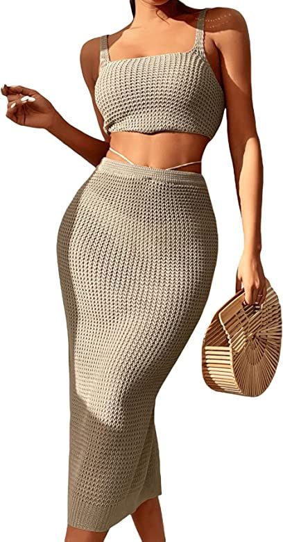 SheIn Women's Knitted Cover Up Set Two Pieces Sleeveless Tank Crop Top and Split Tie Back High Waist | Amazon (US)