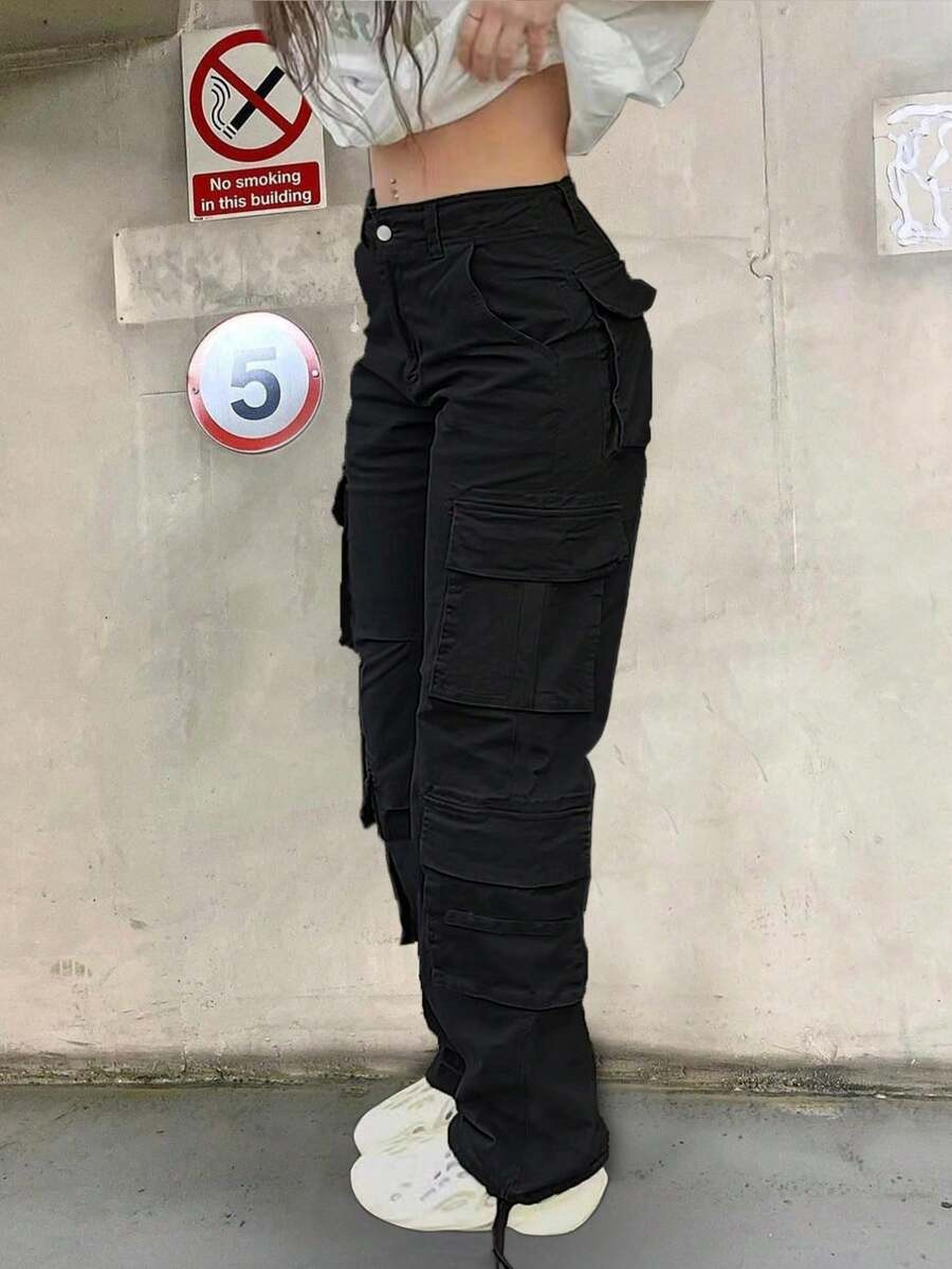 Cargo Pants For Women Casual High Waisted Solid Color Pants Baggy Y2k Straight Wide Leg Pants Wit... | SHEIN