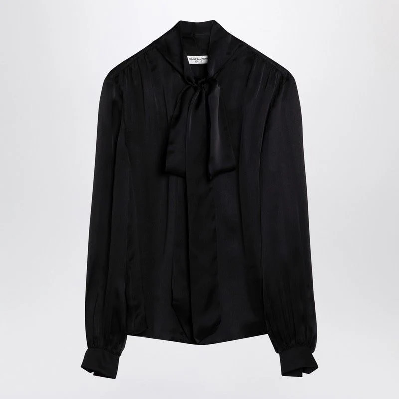 Saint Laurent Women's Silk Shirt With Bow At Neck in Black | Size 40 | 769138Y3I13 | LOZURI
