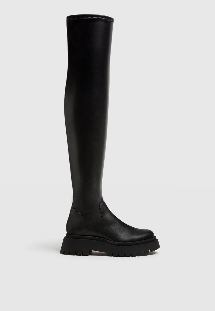 Black flat track sole XL boots - Women's Wide Fit | Stradivarius United Kingdom | Stradivarius (UK)