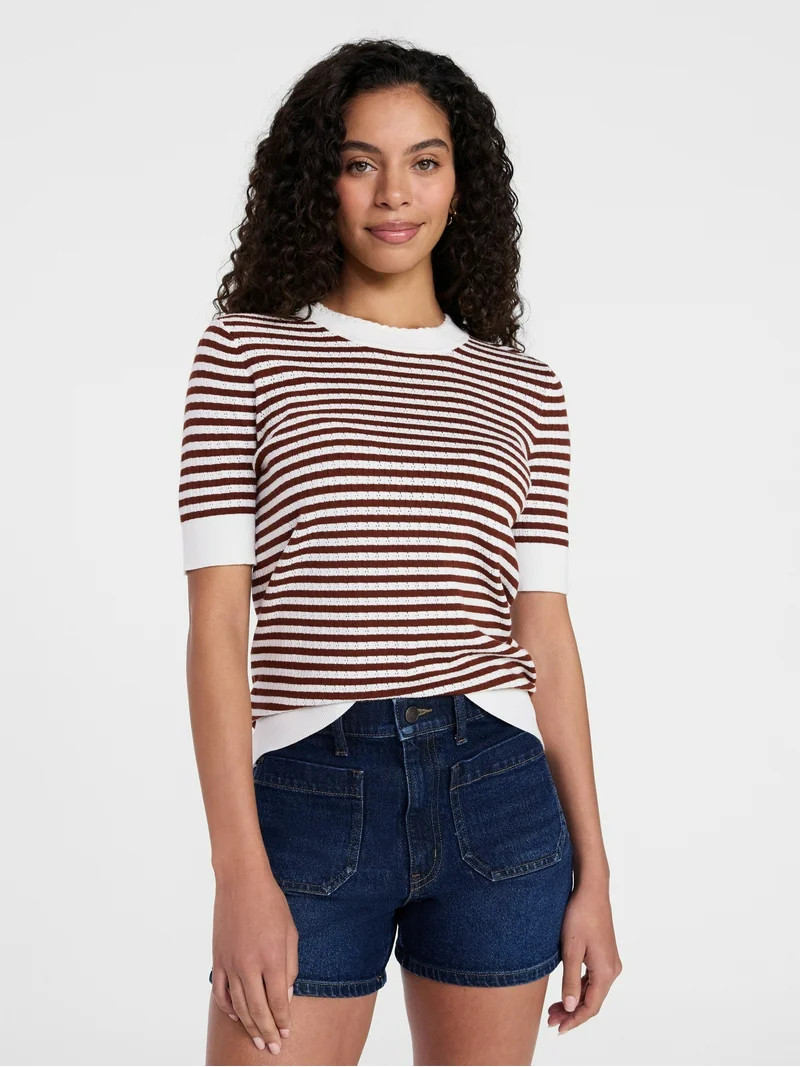 Time and Tru Women's Stripe Pointelle Rib Sweater with Short Sleeves, Lightweight, Sizes XS-XXXL | Walmart (US)