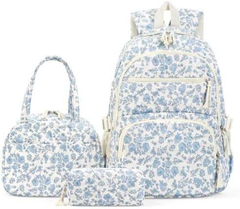 Cute Floral Backpack Coquette Quilted Back Pack 3pcs Daypack | Amazon (US)