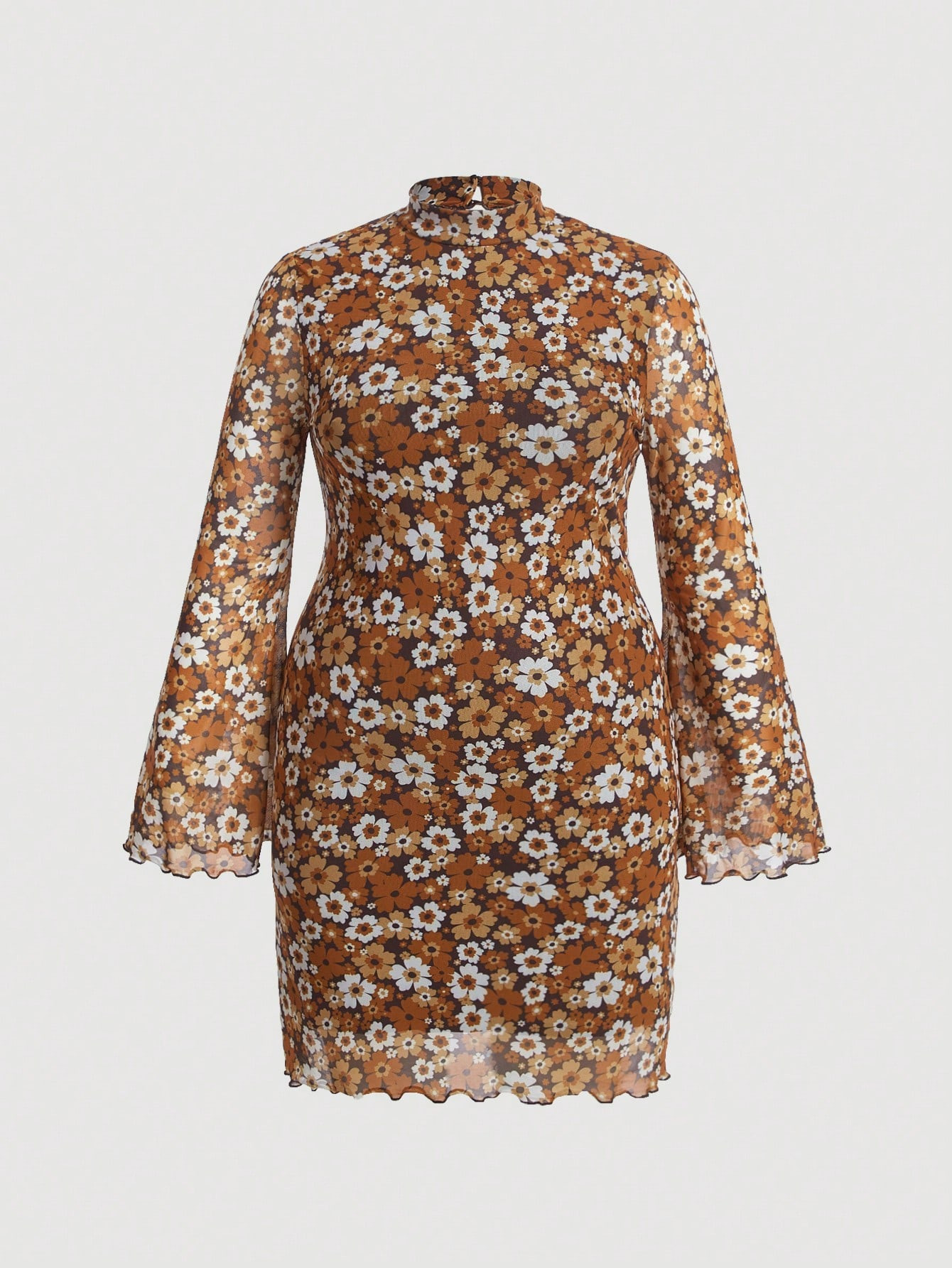 SHEIN MOD Plus Allover Floral Print Mock Neck Trumpet Sleeve Dress | SHEIN