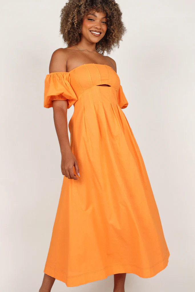 Cadee Strapless Puff Sleeve Midi Dress - Orange | Petal & Pup (AU)