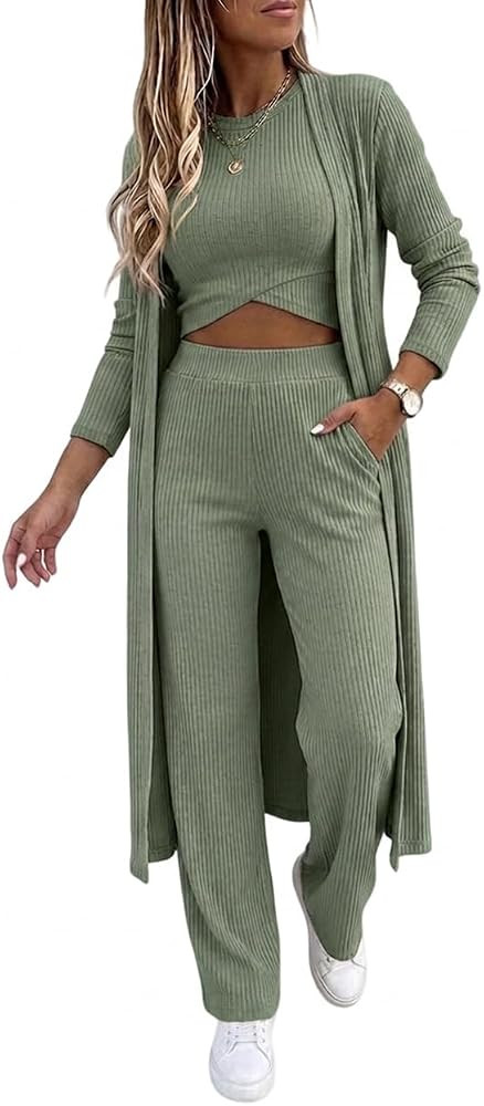 CHICME Women's 3 Piece Lounge Set Ribbed Cardigan Tank Wide Leg Pant | Amazon (US)