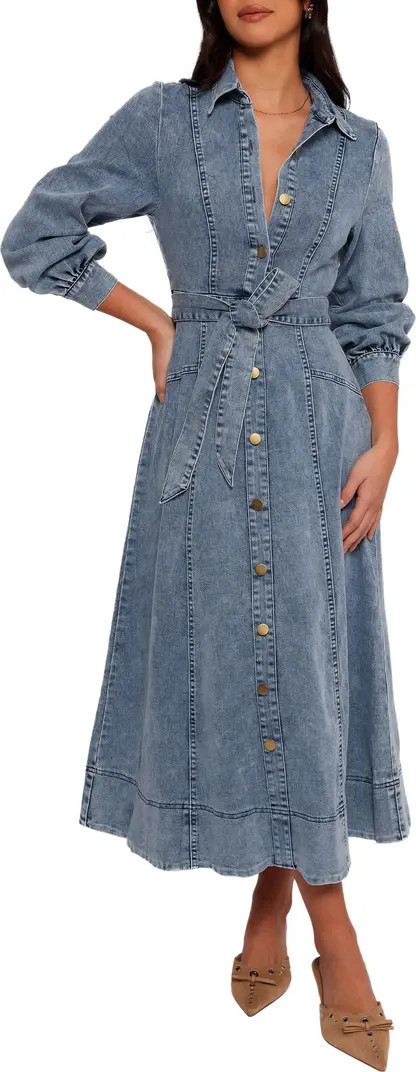 Petal & Pup Emberly Tie Belt Three-Quarter Sleeve Stretch Denim Maxi Dress | Nordstrom | Nordstrom