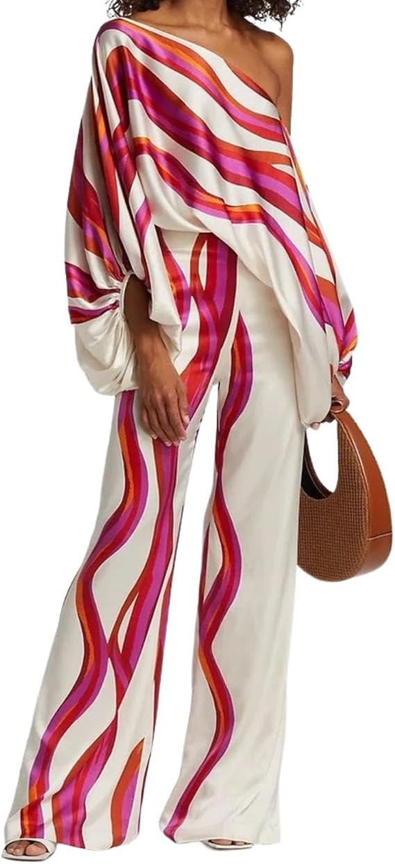 Womens Fall Loose 2 Piece Outfits Off Shoulder Printed Long Sleeve Casual Going Out Wide Leg Pant... | Amazon (US)