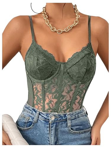 COZYEASE Women's Lace Bustier Cami Bodysuit Plain Sleeveless Slim Fit Sheer Mesh Corset Top Romper Green Large | Amazon (US)