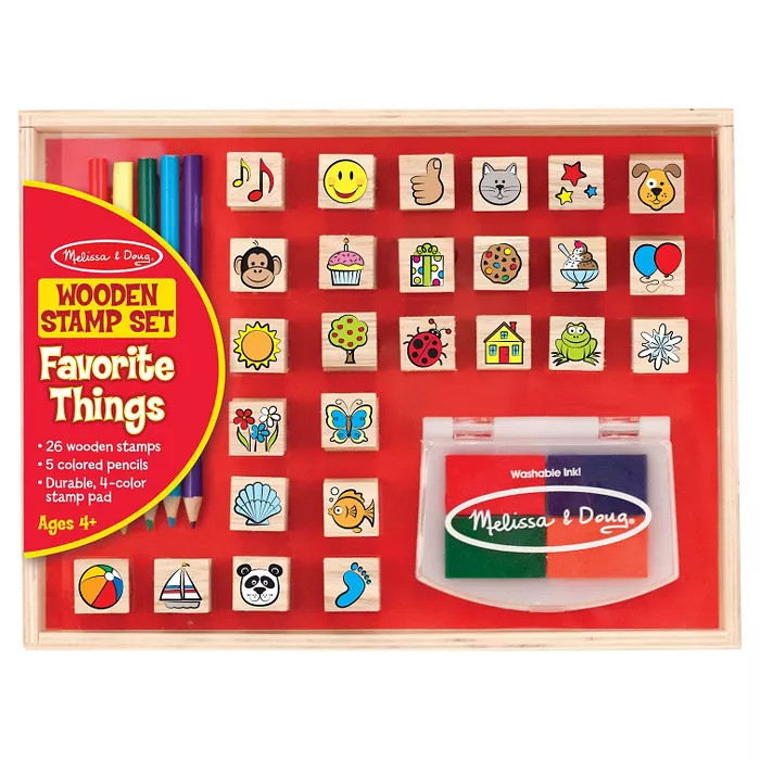 Melissa & Doug Wooden Stamp Set, Favorite Things - 26 Wooden Stamps, 4-Color Stamp Pad | Target