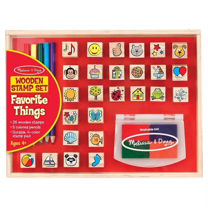 Melissa & Doug Wooden Stamp Set, Favorite Things - 26 Wooden Stamps, 4-Color Stamp Pad | Target