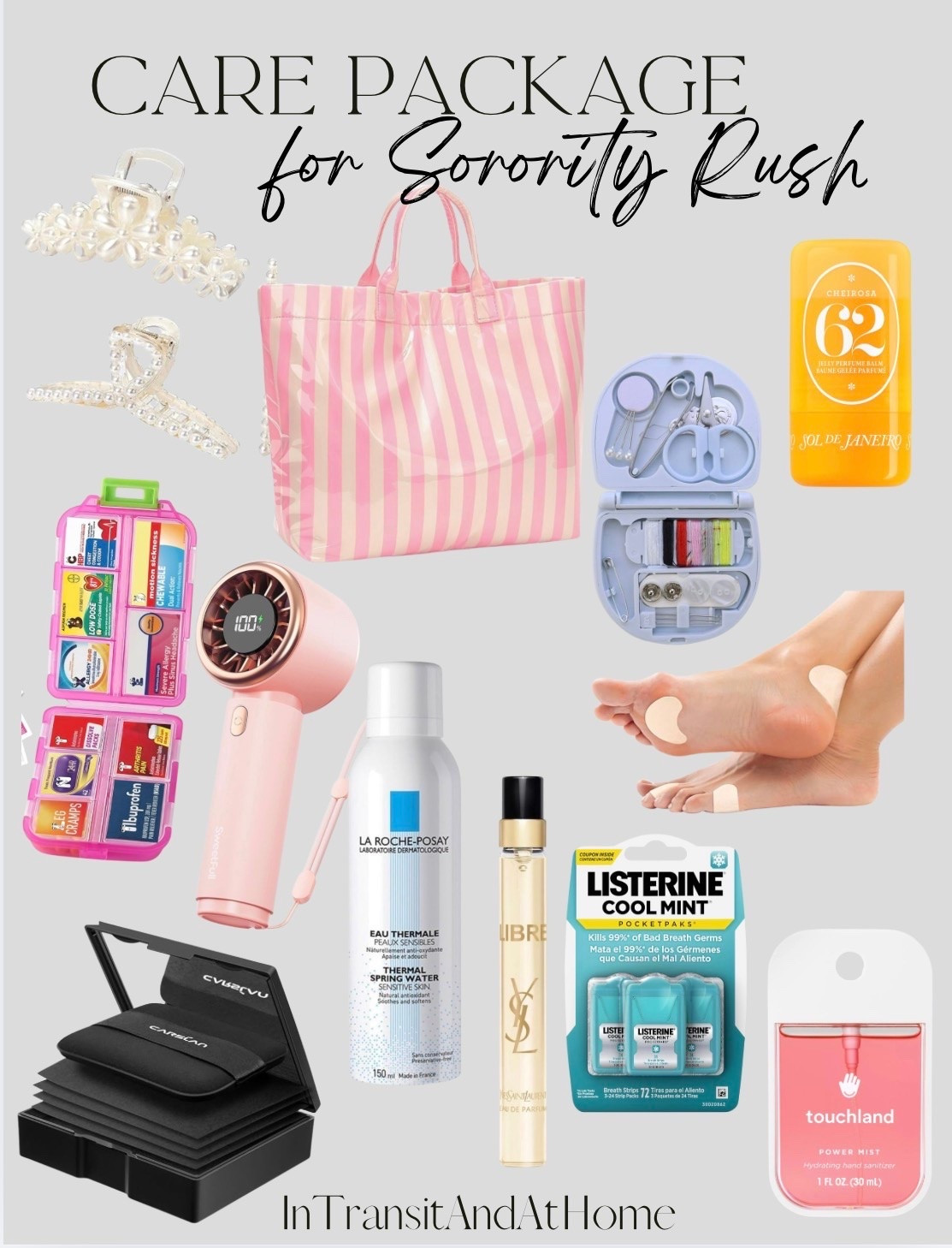 Sorority Rush Care Package 

CARSLAN Makeup Blotting Paper with Powder, Black Magnet Blotting Sheet for Oily & Combination Skin, Portable Compact with Puff & Mirror, Keeps Makeup Fresh All Day, 450 Sheets + 8 Refill Adhesive Pads
La Roche-Posay Thermal Spring Water, Face Mist Hydrating Spray with Antioxidants to Hydrate and Soothe Skin, Facial Spray
SWEETFULL Mini Fan Portable - Cute Handheld Turbo Fan with Rechargeable Battery, 5 Speeds, Small Hand Personal Travel Essentials for Women, Girls, Kids, Lash, Makeup - Pink
Libre Eau de Parfum
Cheirosa 62 Jelly Perfume Balm
Power Mist Hydrating Hand Sanitizer
Compact 10-compartment pill case and pill box with 161 medicine labels for 7-day planning, vitamins, supplements, and travel
Listerine Travel Essentials Cool Mint PocketPaks Breath Strips, Travel Size Mini Mouthwash Breath Fresheners Party Favor Goodie Bag Strips Kill 99% of Bad Breath Germs, 3 Pack of 24 ct
CWJCYTNSN 8 PCS Hair Clips for Women Large Hair Claw Clips for Thin Thick Curly Hair Styling Pearl Jaw Clips Strong Hold Nonslip Fashion Hair Accessories for Bridal Wedding
Promifun Moleskin Strips with Adhesive Blister Prevention Pads Mole Skin Tape Stickers for Feet Heel Shoes Padding-24 Sheets of 4 Shapes，Beige
 Pack Min Travel Sewing Kit DIY Supplies Portable Tool Kits Plastic Box Beginner Friendly Emergency Repair with Threads Scissors Hand Needles

#rush #sorority #sororitycarepackage #sororitygiftbag #recruitmentcarepackage #collegerush #collegerecruitment #collegeessentials #collegemusthaves #rushweek #recruitmentweek #recruitment

#LTKU #LTKBeauty #LTKdayinmylife