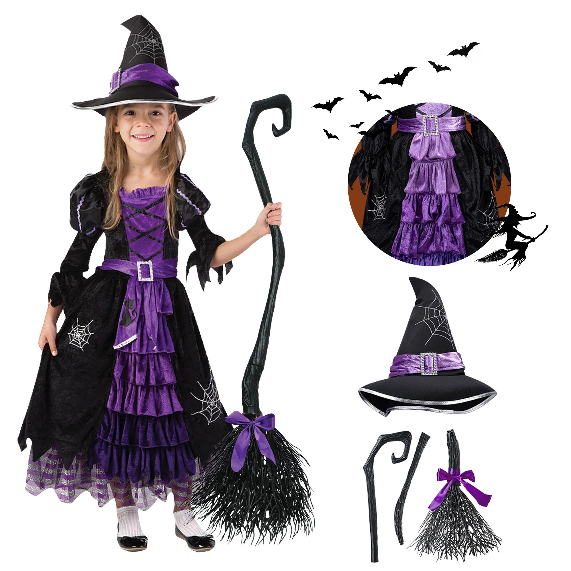 Joyfy Witch Costume Set for Girls, Halloween Fancy-Dress with Broom Hat for Toddler Kids Hallowee... | Walmart (US)