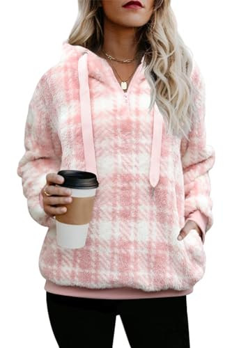 ReachMe Womens Oversized Sherpa Pullover Hoodie with Pockets Fuzzy Fleece Sweatshirt Plaid Fluffy Jacket Coat(C0 Dusty Pink,2XL) | Amazon (US)