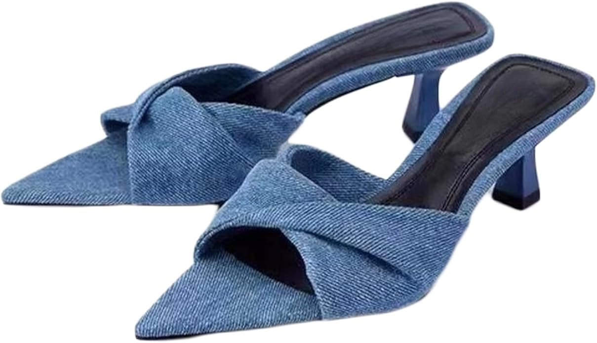 Women's Denim Kitten Heels Fashion Mules Sandals Sexy Crisscross Slingback Low Stiletto Slip-On S... | Amazon (US)