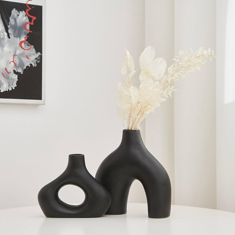 Black Ceramic Vase Set of 2 for Modern Home Decor Round Matte Donut Vases for Pampas Grass, Boho ... | Amazon (US)