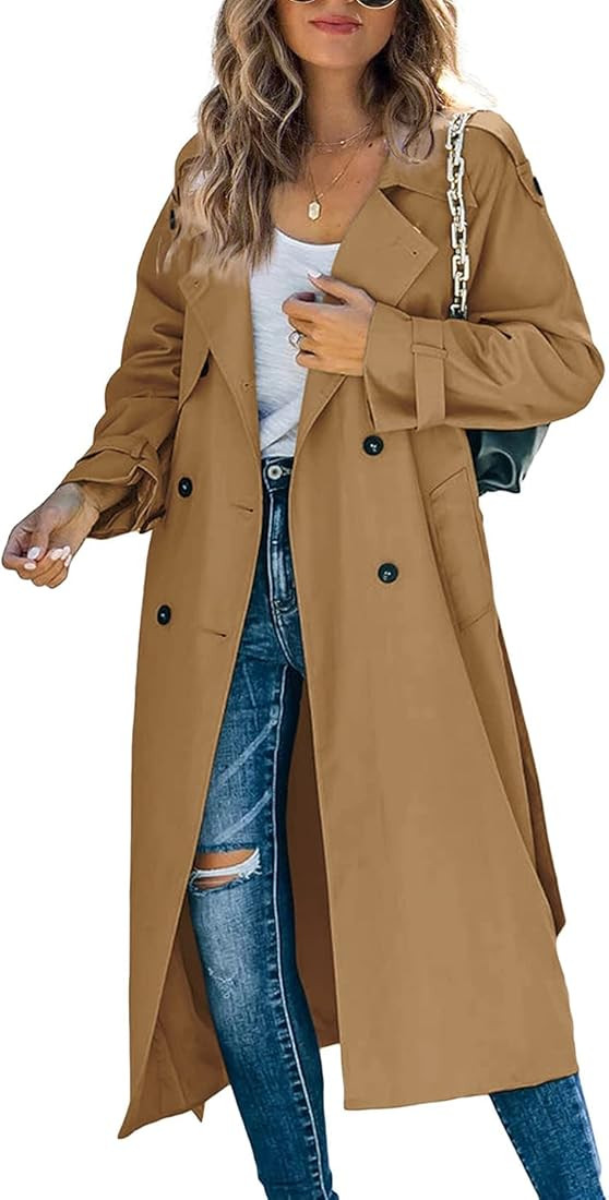 SeekMe Women's Single Breasted Long Trench Coat Windproof Notched Lapel Slim Overcoat with Belt | Amazon (US)