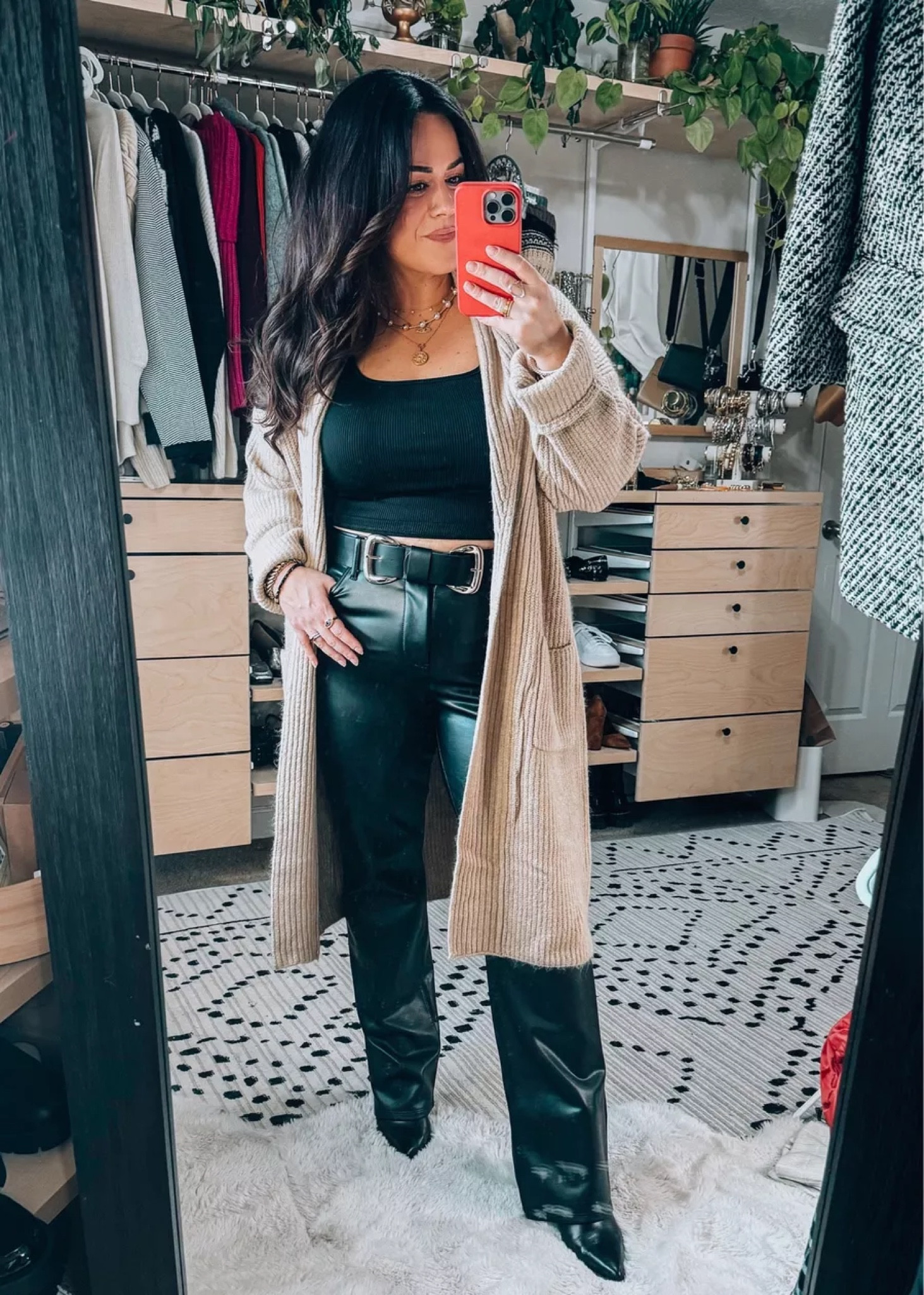 Midsize winter outfit idea - faux leather pants Wearing a size 14 in these faux leather pants! Had these for 2 years and they were still one of my fave pants! (Stretchy comfy fit, smoothing tummy without being constricting. Duster Cardigan size m/l so cozy Satya Jewelry code : taryntruly

#LTKsalealert #LTKstyletip #LTKSeasonal