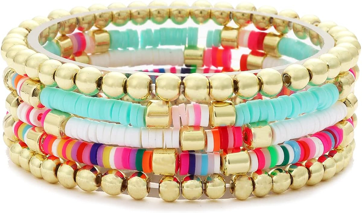Colorful Beaded Bracelet for Women Heishi Beads Strand Bracelet Bohemian Stackable Stretch Bracel... | Amazon (US)