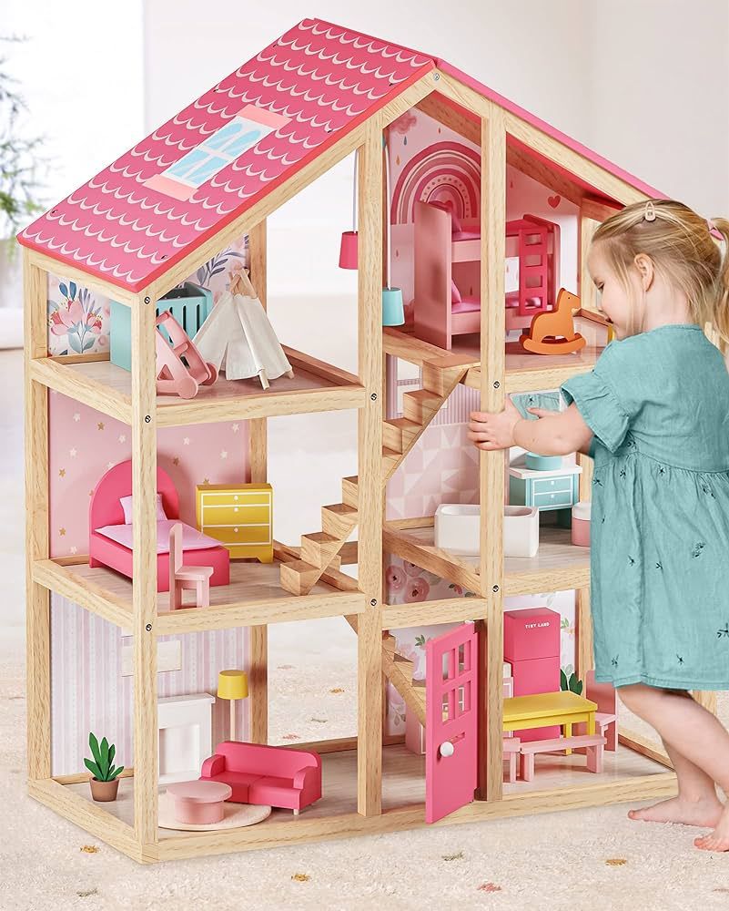 Tiny Land Wooden Dollhouse for Girls - 6 Rooms Wooden Doll House, DIY Pretend Dream House with 30... | Amazon (US)