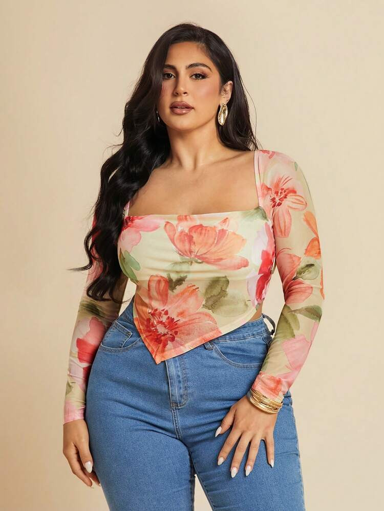 Square neck mesh asymmetrical top | SHEIN