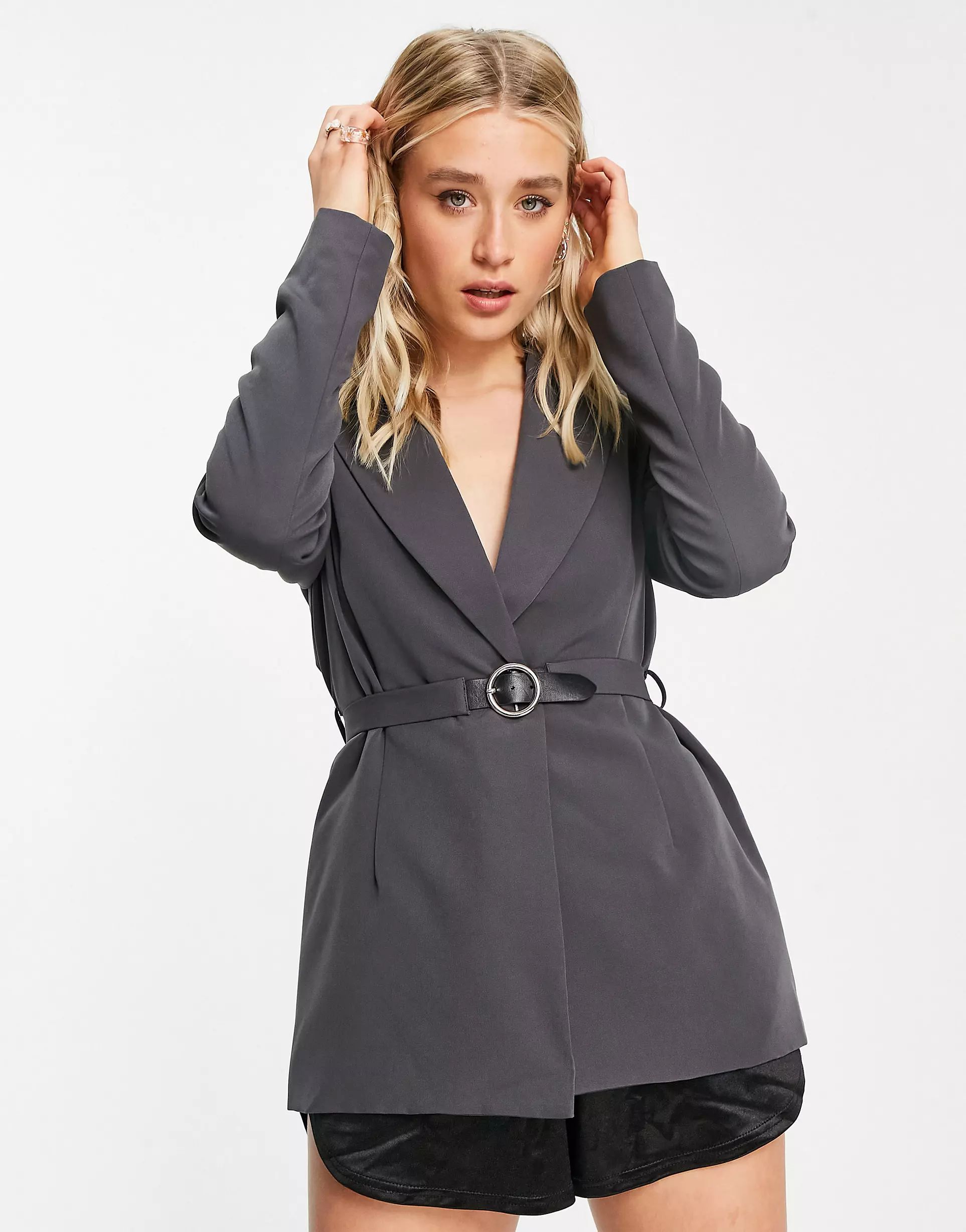 4th & Reckless Tall blazer with buckle detail in gray - part of a set | ASOS (Global)