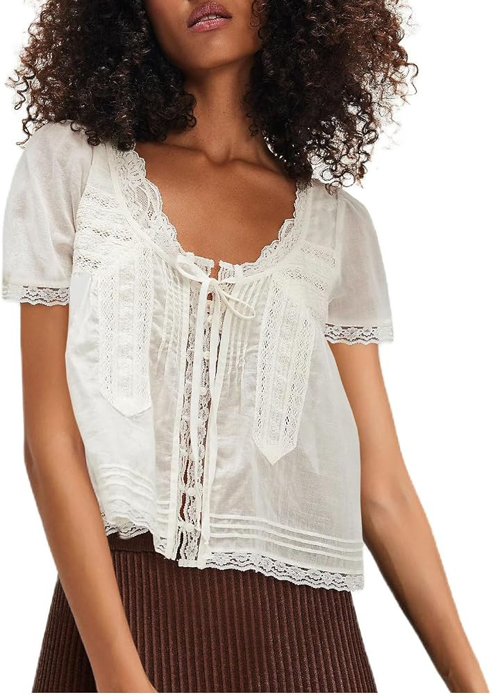 Women’s Tie Front Ruffle Boho Tops Flowy Sheer Short Sleeve Lace Blouse Y2k Embroidered Babydol... | Amazon (US)