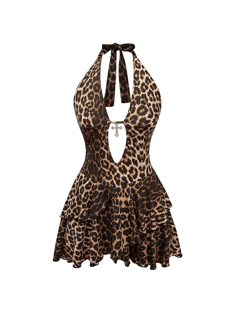 SOLY HUX Women's Leopard Print Halter Dress Y2k Gothic Deep V Neck Layered Ruffle Mini Dresses | Amazon (US)