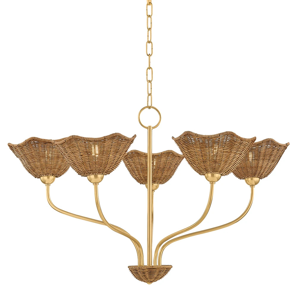 Wren Coastal Beach Natural Wicker Floral Shade 5 Light Chandelier | Kathy Kuo Home