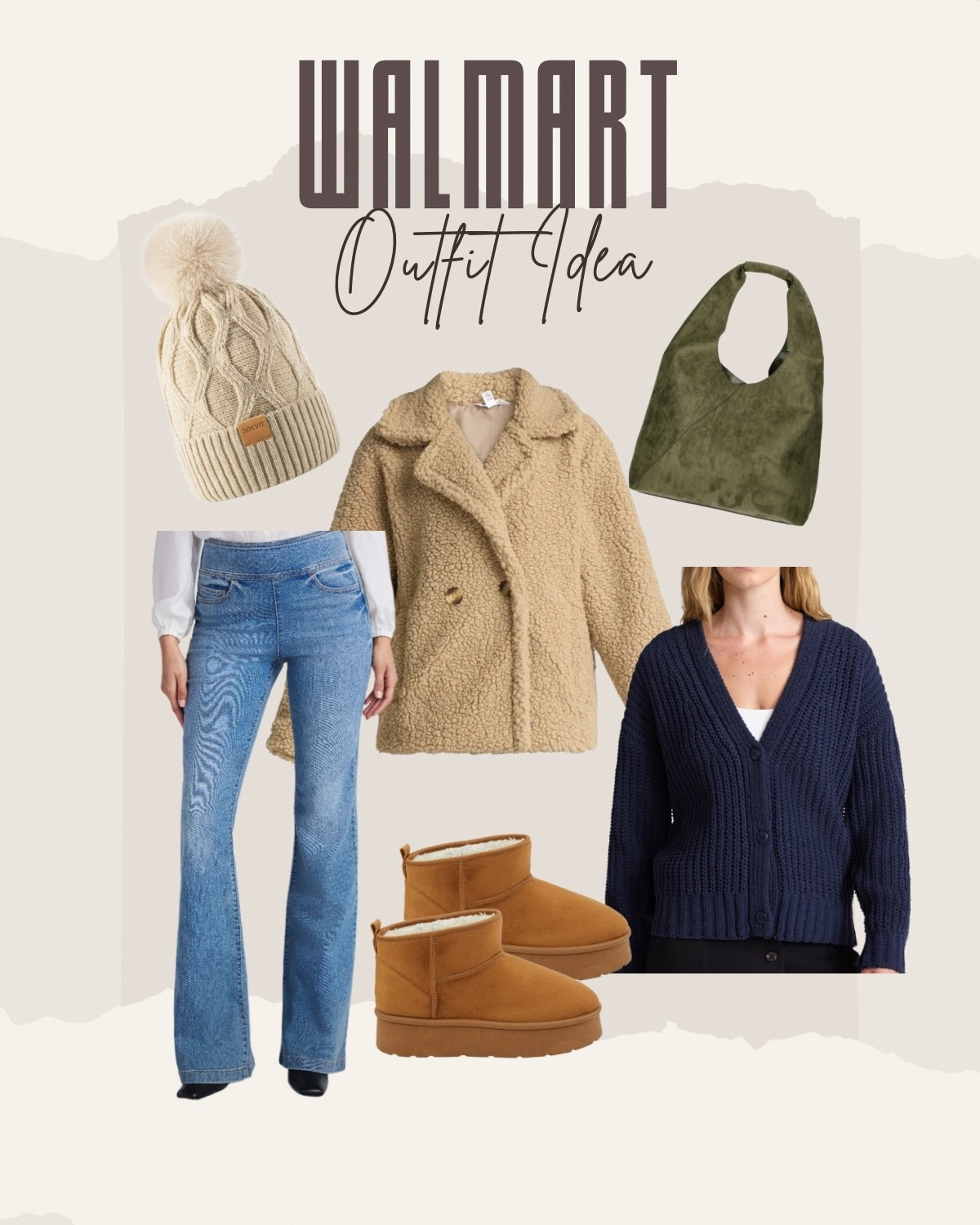 This cozy neutral look is giving effortless fall + winter vibes and everything is from Walmart. I love mixing warm textures with classic denim for an easy, everyday outfit you can wear on repeat.

✨ Teddy sherpa jacket
✨ Soft knit cardigan for layering
✨ Flare jeans with a flattering fit
✨ Neutral platform boots
✨ Cozy beanie + slouchy tote to finish the look

Affordable, comfortable, and perfect for errands, casual days, or weekend wear.

#LTKunder50 #LTKSeasonal #LTKFall #LTKWinter #WalmartFashion #WalmartStyle #AffordableStyle #BudgetFashion #EverydayOutfits #CasualStyle #NeutralStyle #CozyOutfits #FallLayers #WinterStyle #LookForLess #MomStyle #EasyOutfits

#LTKHoliday #LTKFindsUnder50 #LTKSaleAlert