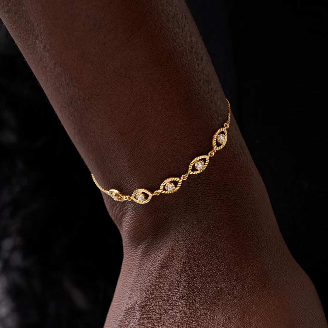 14K Gold Bezel Set Bracelet, Round Natural Diamond Bracelet, Evil Eyes Shape Diamond Bracelet, An... | Etsy (US)