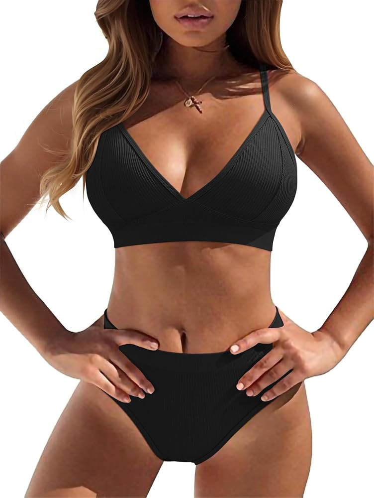 OQQ 2 Piece Bikini Set V Neck Popular Swimsuit High Waisted 2026 Summer Beach Swim Bathing Suits | Amazon (US)