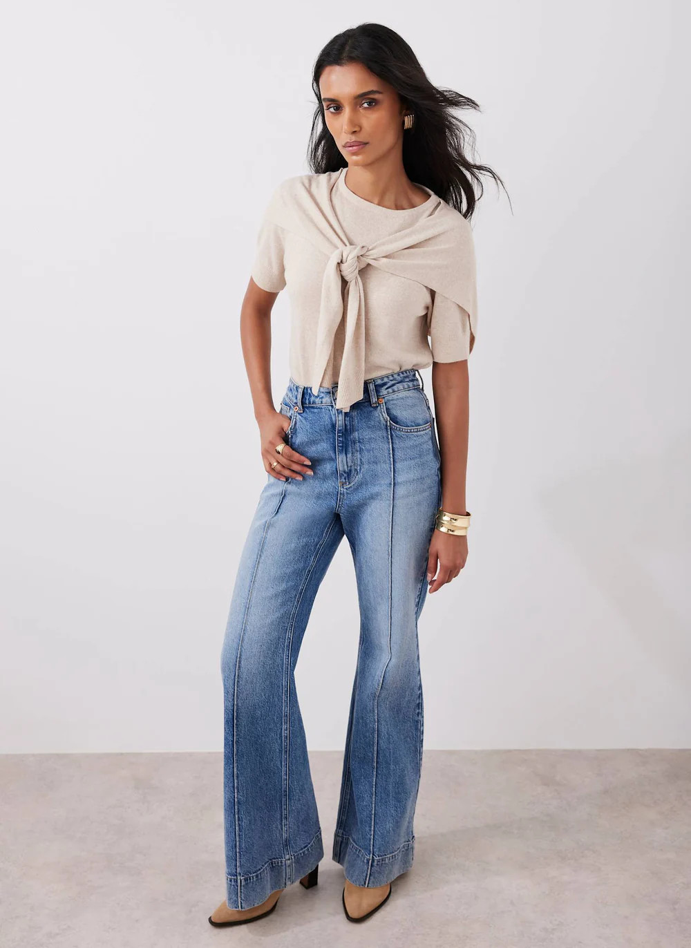 Neutral Cotton Blend Scarf Detail Knit Top | Mint Velvet