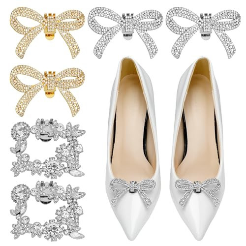 Evherv 3 Pairs Rhinestone Shoe Clips Bow Shoe Buckle Classic Detachable Bow Heels Accessories Shoe Decoration Fashion Bridal Wedding Shoe Charms, 2 Style (Silver+Gold) | Amazon (US)