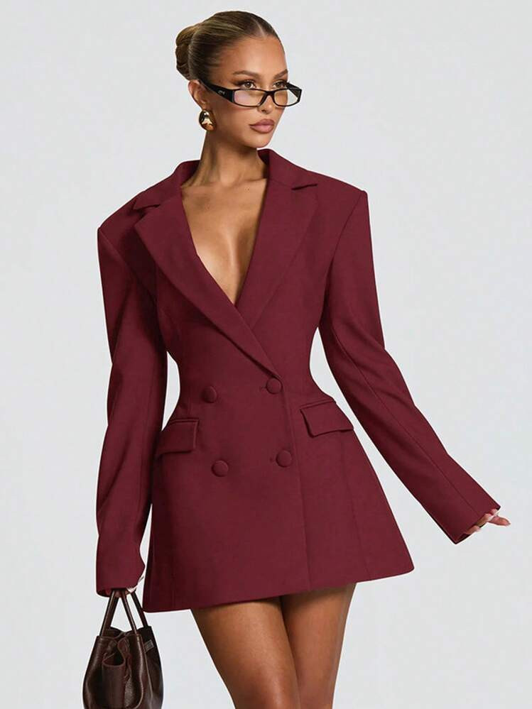 LocalAutumn New Long Sleeve Fashion Sexy Deep V Solid Color Casual Slim Fit Blazer Long Sleeve Dress | SHEIN