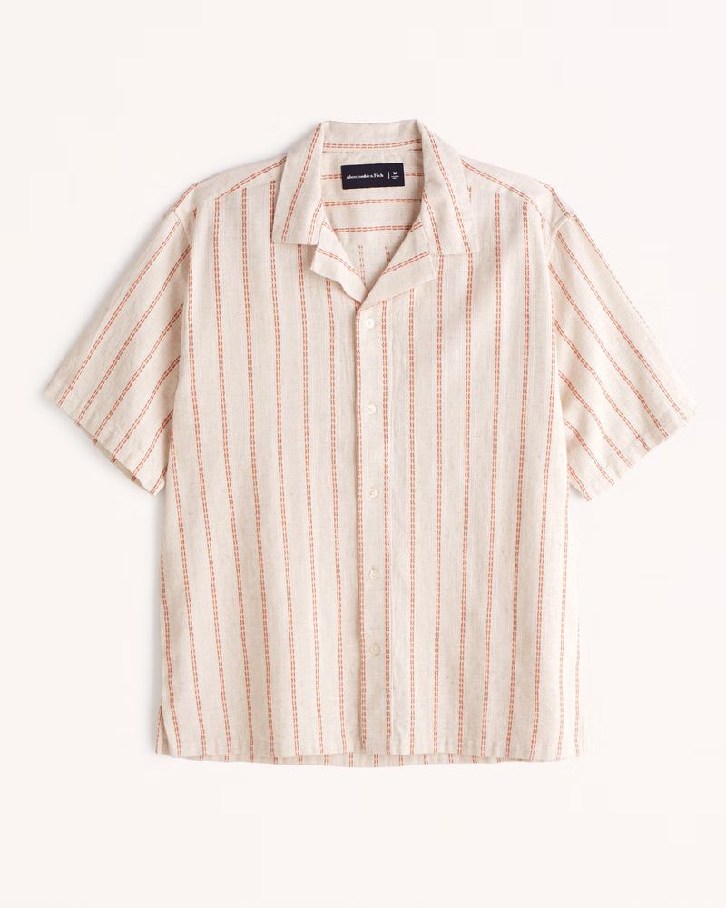 Abercrombie & Fitch Men's Camp Collar Textured Button-Up Shirt in Light Brown Stripe - Size XS | Abercrombie & Fitch (US)