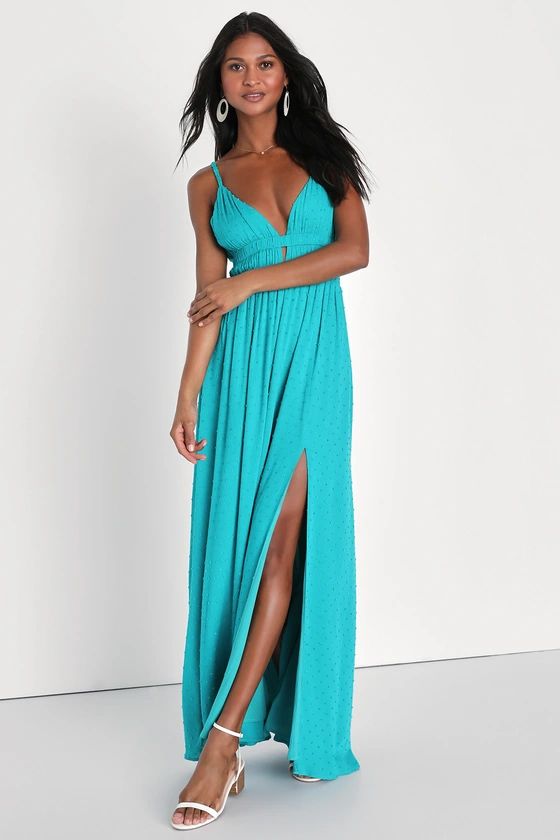 Soiree Sweet Teal Blue Swiss Dot Sleeveless Maxi Dress | Lulus (US)