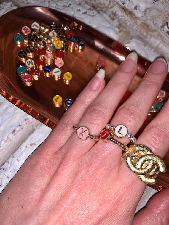 Silver & Gold Colorful Glossy Custom Initial Ring | Metal Charms | Beaded Rings | Personalized Ri... | Etsy (US)