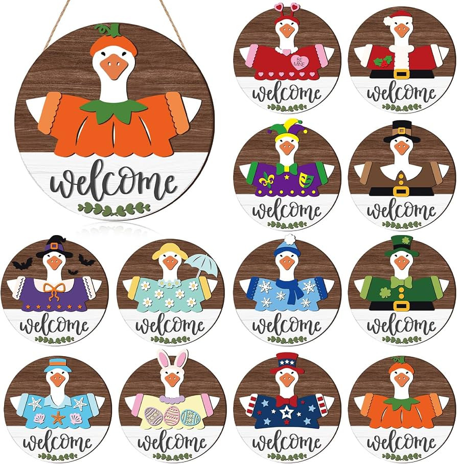 Weysat 25 Pcs Interchangeable Wooden Goose Decor, 11.8 Inch Holiday Seasonal Welcome Changeable G... | Amazon (US)