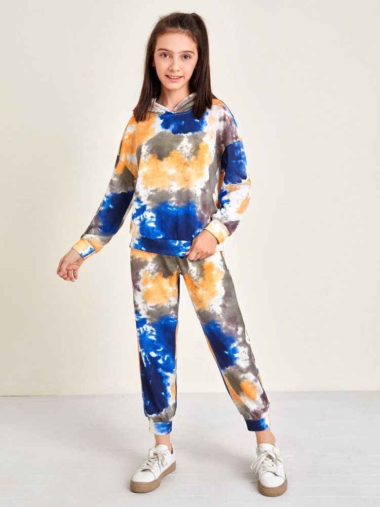 SHEIN Girls Drop Shoulder Tie Dye Hoodie & Sweatpants Set | SHEIN