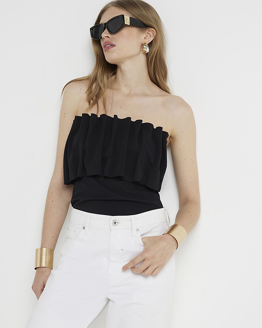 Black Frill Bandeau Top | River Island (UK & IE)