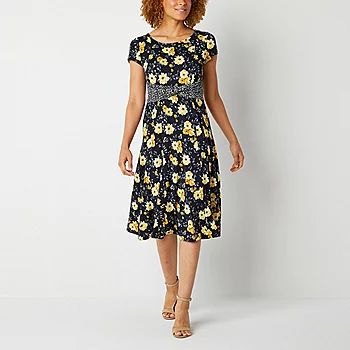 Perceptions Petite Short Sleeve Floral Midi Fit + Flare Dress | JCPenney