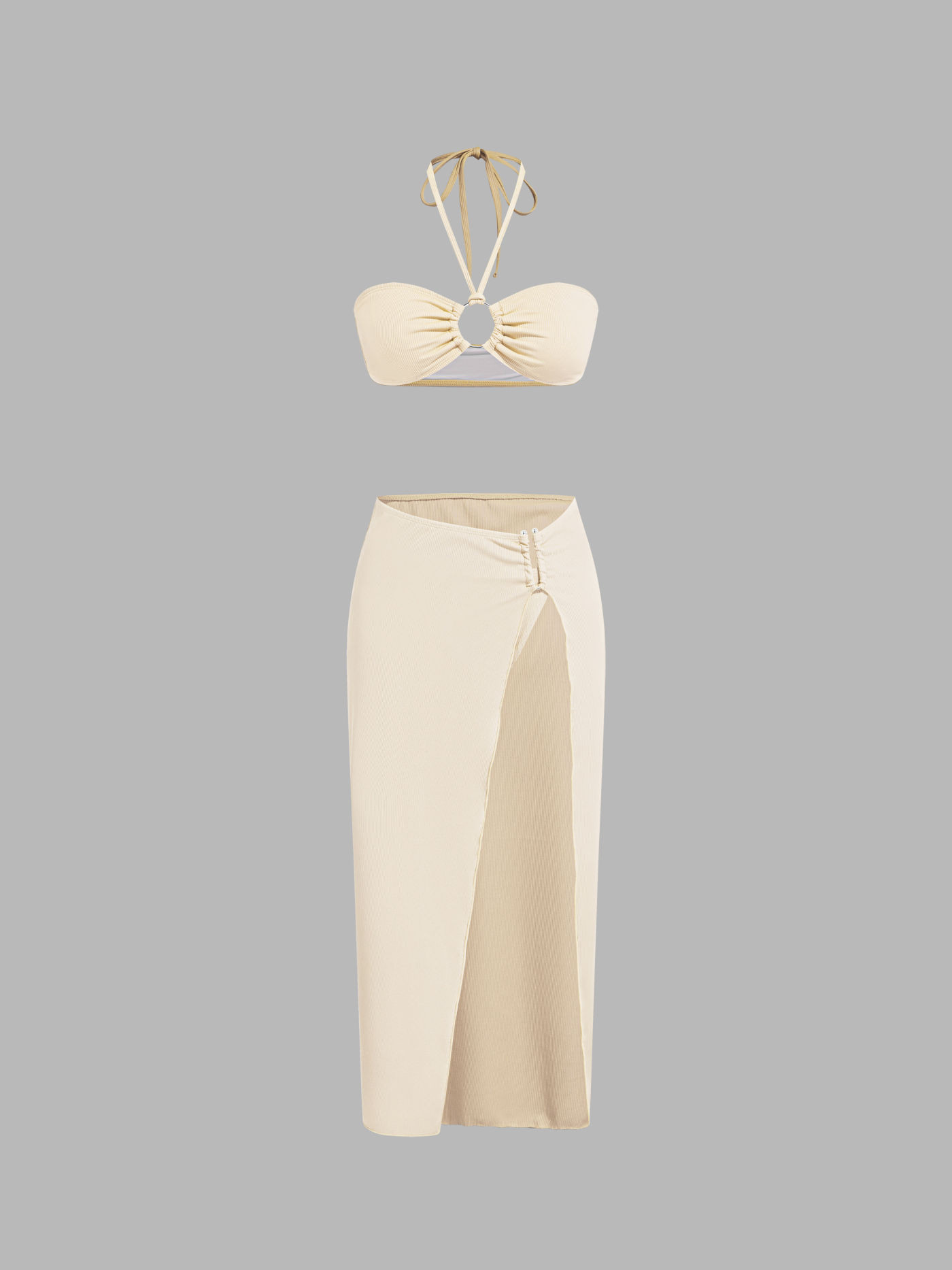 Knit Fabric V-neck Solid O-Ring Halter Cheeky Bikini Swimsuit With Cover Up Beach Skirt For Vacat... | Cider