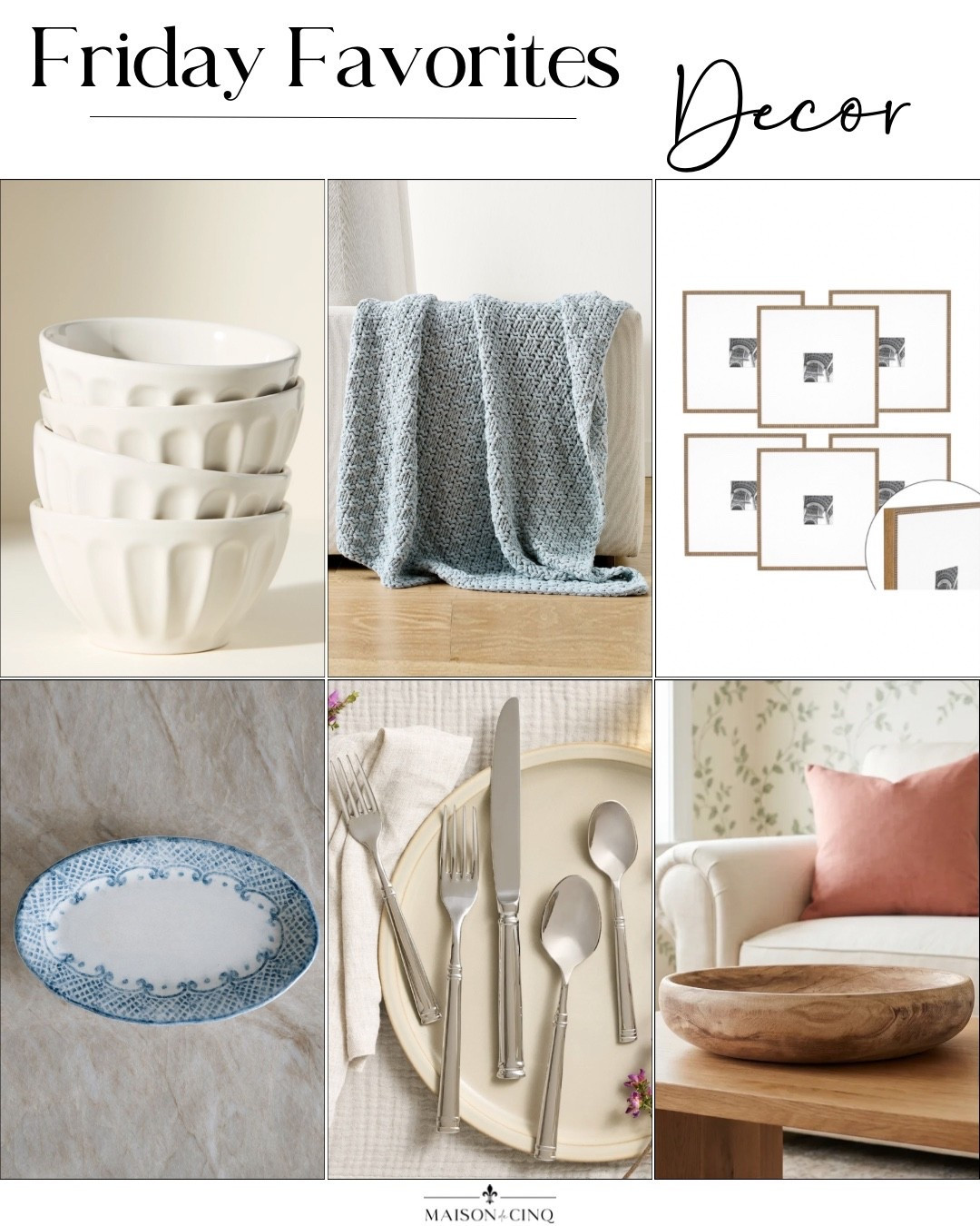 Pretty finds for Friday Favorites this week include the gallery frames in our stairwell, a gorgeous hand painted tray, high quality flatware for a steal, bowls I own and love and more!

Home decor, summer decor, wall decor, tabletop, statement bowl, wood bowl, throw

#LTKHome #LTKSaleAlert
