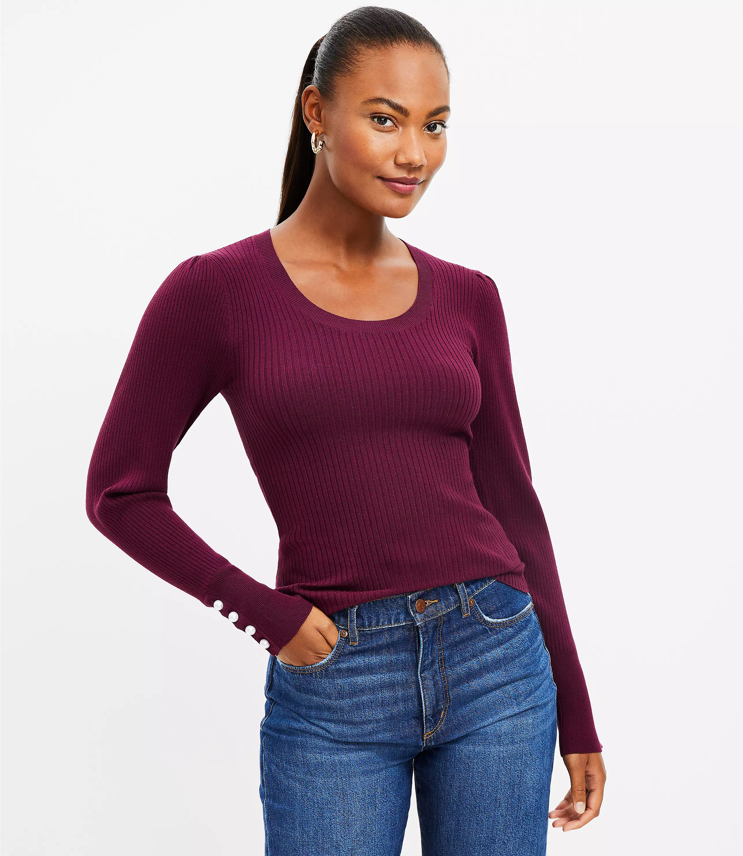 Pearlized Cuff Ribbed Puff Sleeve Sweater | LOFT