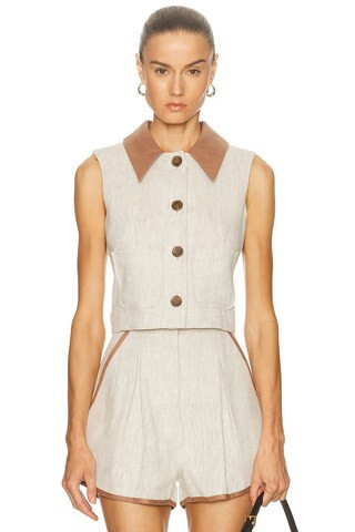 MATTHEW BRUCH Collared Vest Top in Oatmeal Linen - Cream. Size XL (also in L). | FWRD 