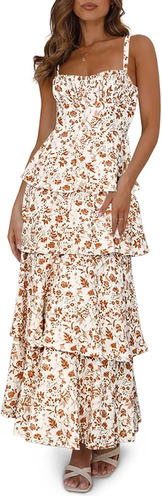 Fisoew Womens Floral Maxi Dresses Spaghetti Strap Casual Sleeveless Ruffle Flowy Tiered Dress | Amazon (US)
