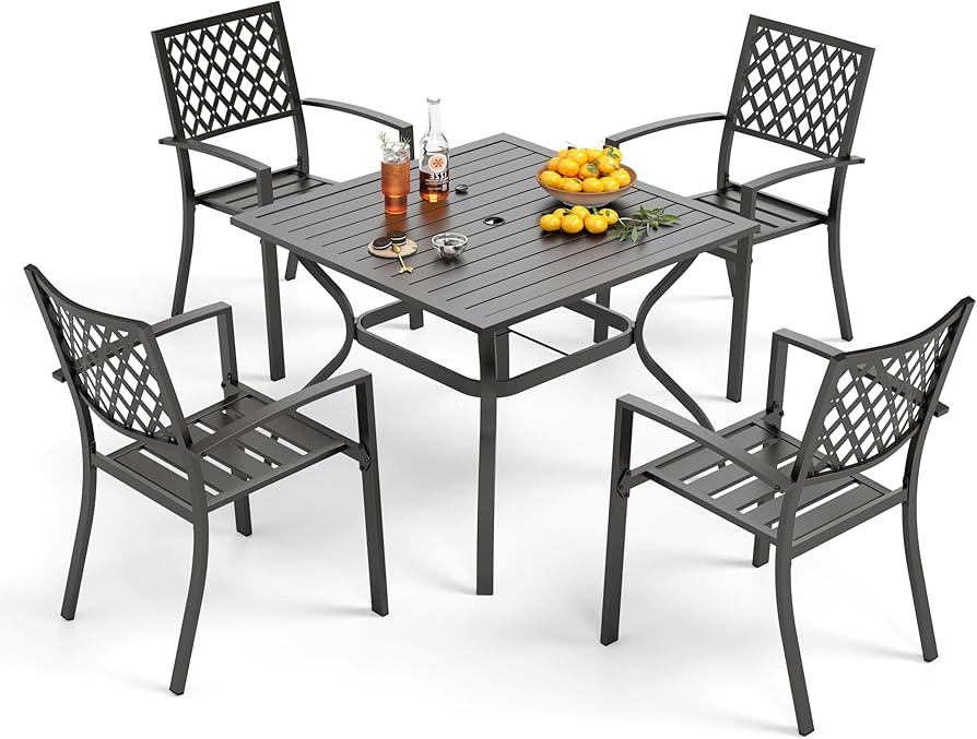 PHI VILLA 5 Pieces Outdoor Dining Set for 4, 37” Black Square Metal Table with Umbrella Hole & ... | Amazon (US)