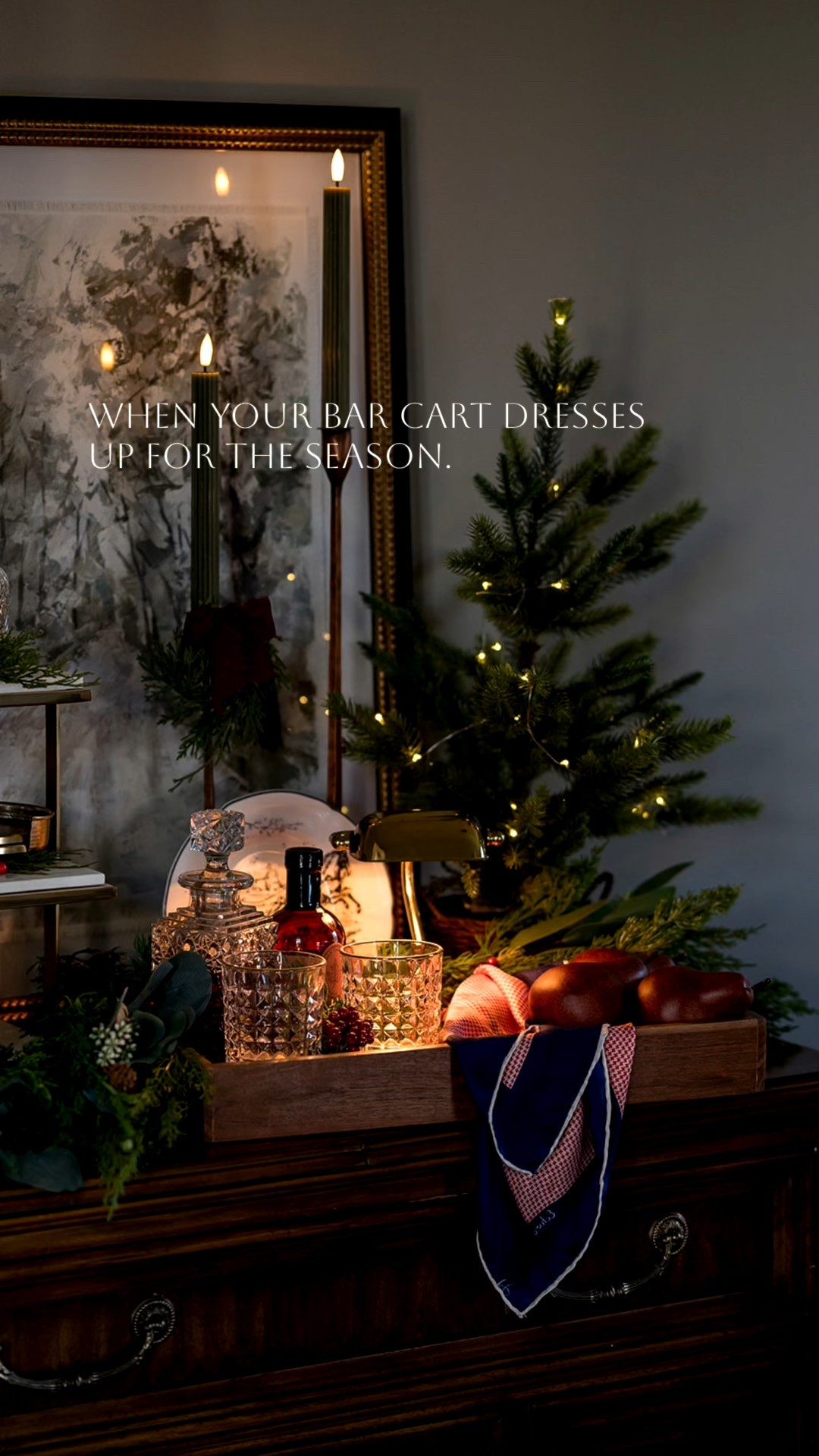 Even the bar cart deserves a little holiday magic. ✨
Around here, anything can become a vignette — especially when it’s layered with pieces that tell a story.

For this season’s bar moment, we mixed warm metals, soft candlelight, festive greenery, and a handful of curated antiques that give the whole space that Ralph Lauren–leaning, collected charm we love so much. From the brass vessel to the vintage glassware, each item brings a sense of history… the kind of pieces you don’t just style — you keep.

It’s a reminder that holiday decorating doesn’t need to be grand to be meaningful. It just needs intention. And sometimes? A beautifully styled bar cart is all it takes to elevate an entire room. 🍸🌲

Tell me—would you like links to similar finds? Drop BAR in the comments and I’ll send everything your way. 🤎

#LTKHoliday #LTKHome #LTKSeasonal