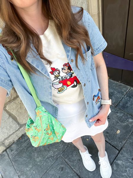 Walmart tee size S
Amazon skort size S
Disney denim tee size 
I sized up in everything for a looser fit!! 
Disney outfit, Disneyland, Disney world