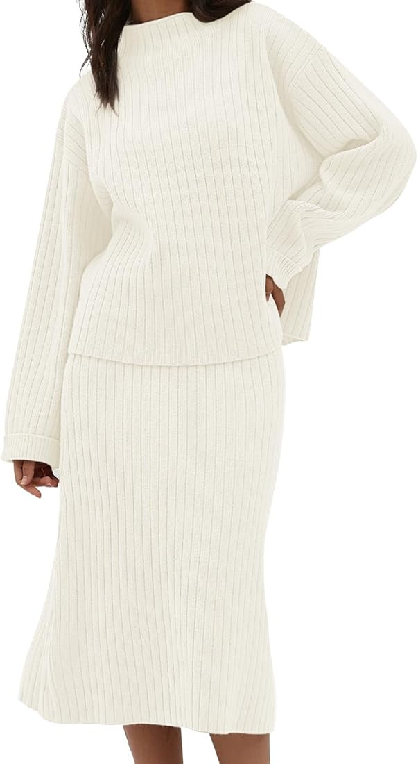 CHYRII Womens Fashion Two Piece Outfits Mock Neck Oversized Sweater Tops Skirt Sets Sweater Dress... | Amazon (US)